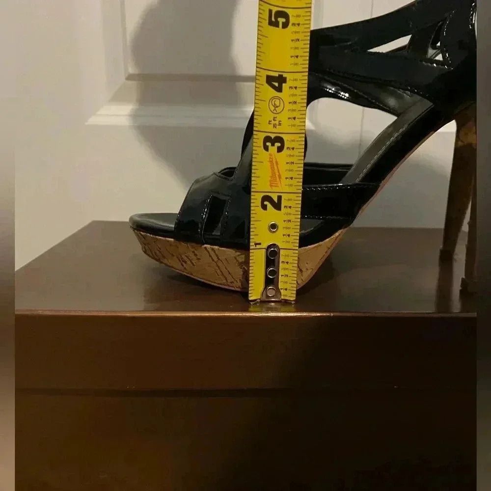 Audrey Brooke Shiny Black Cork Heeled Shoes Sz 8 - Picture 11 of 12